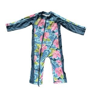 Caden Lane Baby One Piece Swim Suit Size 6-12 Months Blue Floral UPF 50+